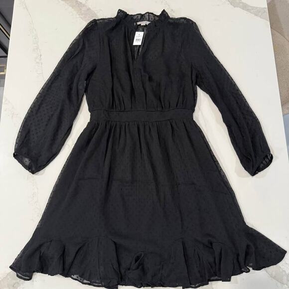 Loft NWT Clip Godet Mini Flare Dress Women’s 8 Black Ruffle Collar V-Neck Chic - Picture 1 of 10
